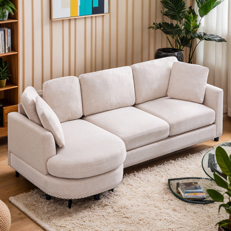 Ebern Designs L Shaped Sofa Couch Upholstered Couches with 2 Support Throw Pillows Modern Linen Fabric Cloud Sofa Couch with Curved Chaise 3 Seat
